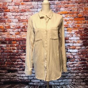 THREAD & SUPPLY WOMENS CREAM & TAN STRIPED FLANNEL BUTTON DOWN SHIRT SIZE LARGE